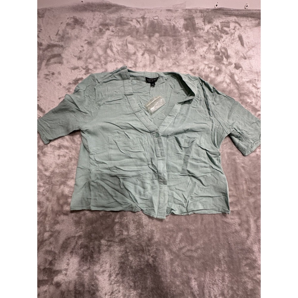 Top Shop Button Up Shirt Women's Size 2 Seafoam Green Pockets Cropped‎ NWOT